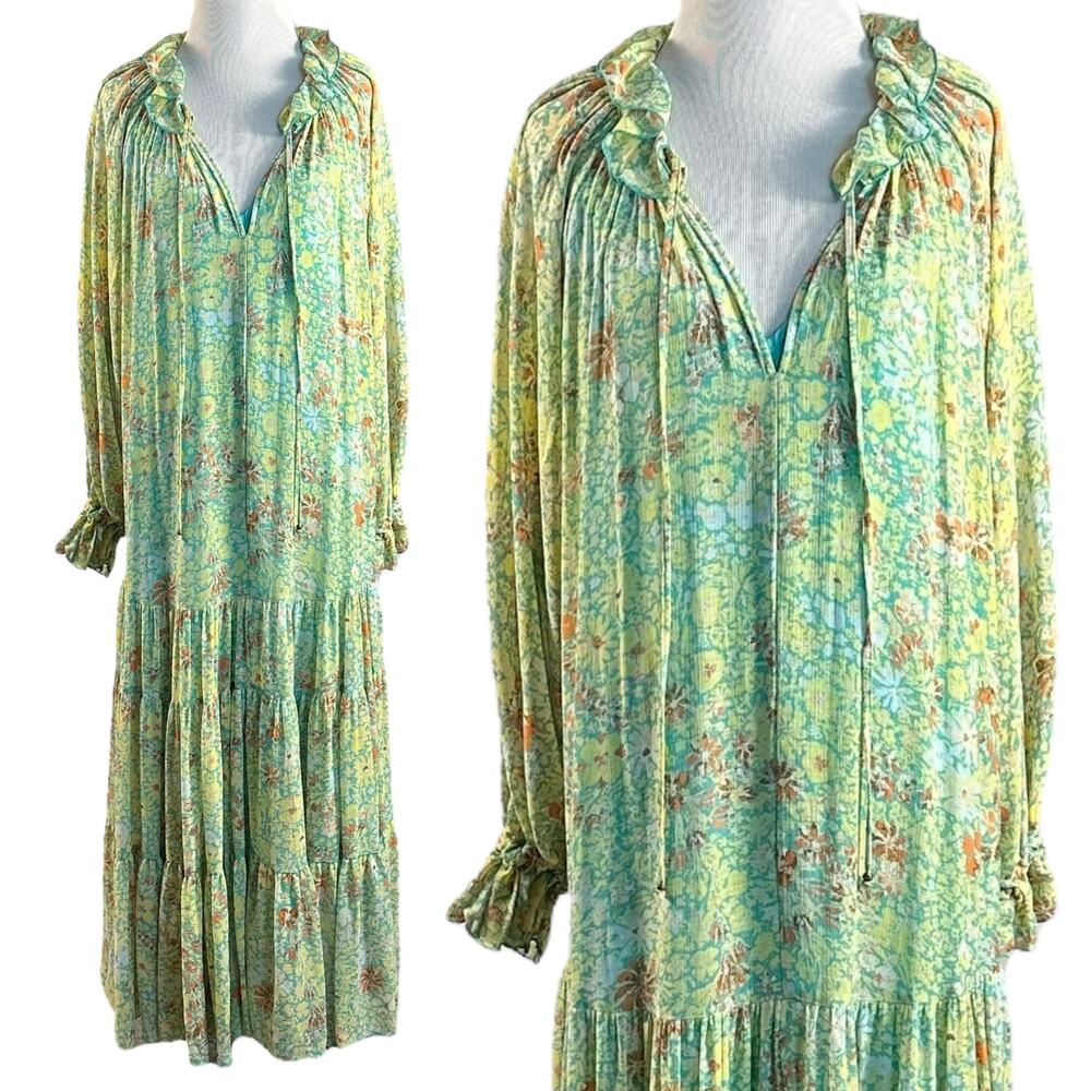Free People Feeling Groovy Maxi Dress Size Medium 70s Chartreuse Floral Bohemian - Picture 9 of 16